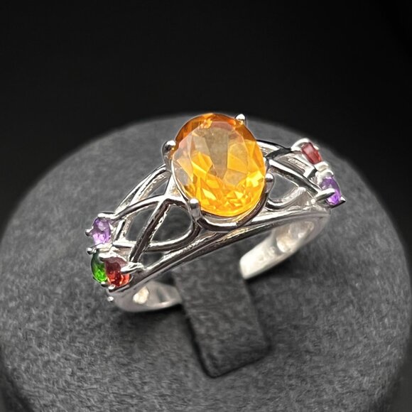 Citrine, Garnest, Amethyst and Emerald Ring Sterling Silver Ring Size 7 Stamped - Picture 9 of 9